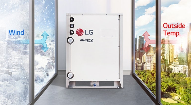 The LG Multi V Water IV is positioned between a snowy winter cityscape and a sunny summer scene.